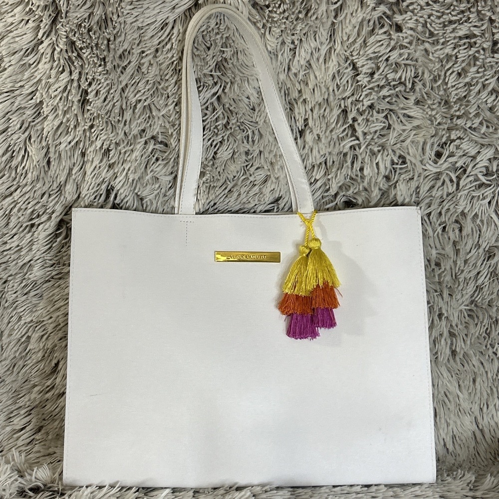 Vince‎ Camuto Large White Tote Bag Top Handles Pastel Tassel Beach Boho Festival